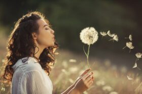 woman-blowing-dandelion-in-field-without-allergies