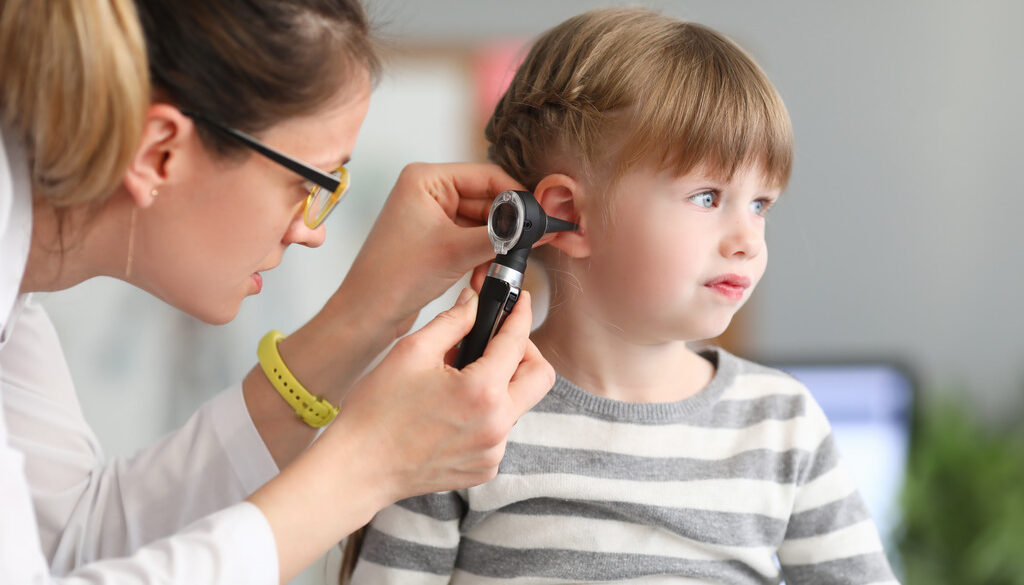 A Female Ent Doctor Examining a Child’s Ear With an Otoscope Ear Infections in Children